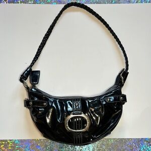 ⭐️Glossy Black Shoulder Bag with Metallic Emblem
